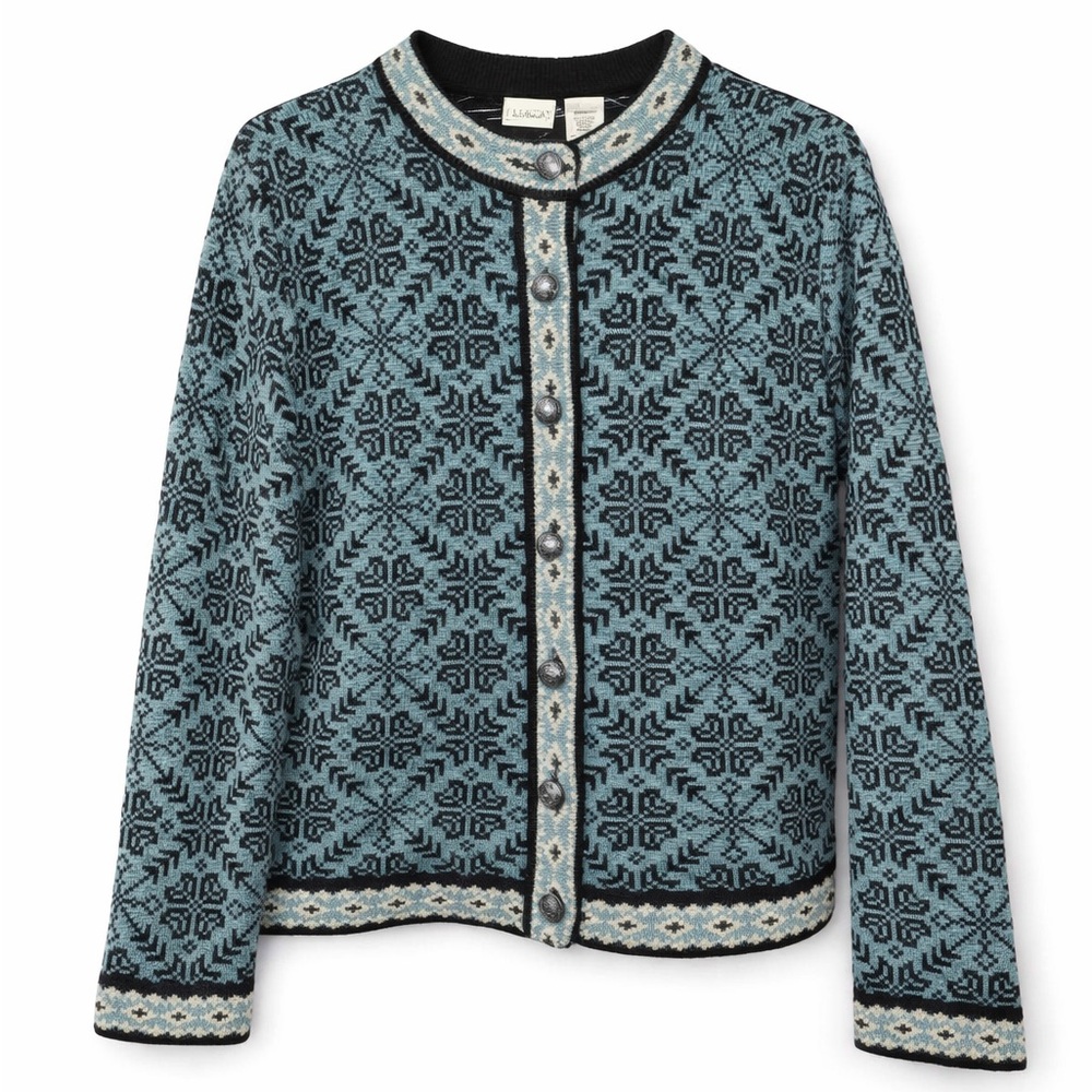 L.L. Bean Nordic Fair Isle 100% Merino Wool Cardigan Sweater Blue Black Vintage